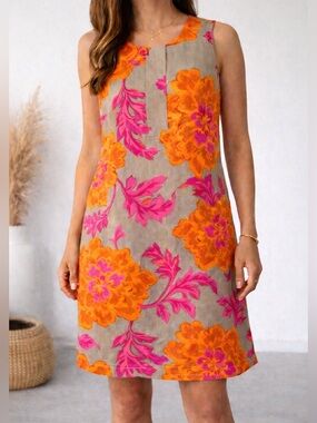 New Direction Linen Blend Sheath Dress Tropical Floral Orange Pink Size 10